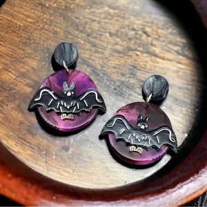 Midnight Flight Acrylic Bat Earrings Lipstick & Chrome Spooky Halloween
